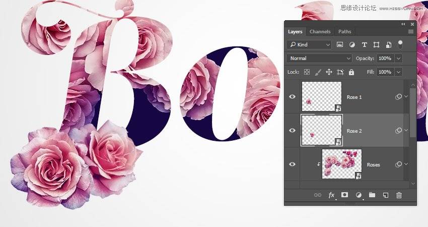 制作创意粉色玫瑰花朵文字图片的PS教程